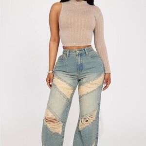 Fashion Nova Light Blue Distressed Straight Leg Jeans